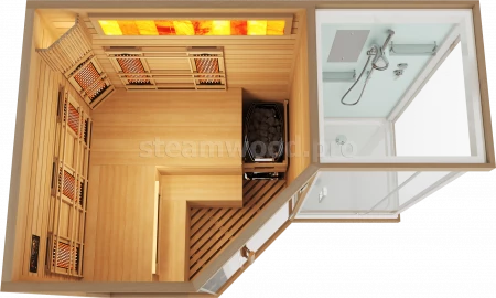 Трехместная угловая комбинированная сауна Luxury из кедра с Душевой кабиной