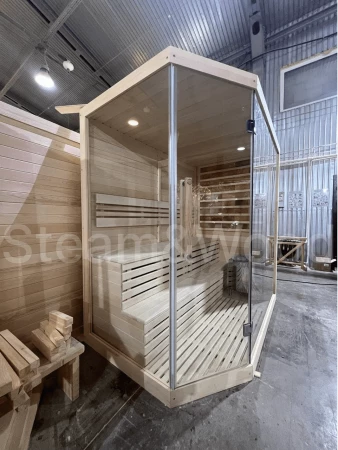 Одноместная угловая финская сауна Luxury из кедра
